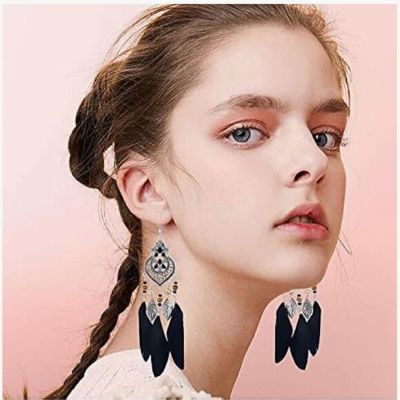Beaded ethnic feather earrings dangle tassel new e11 - Picture 1 of 2